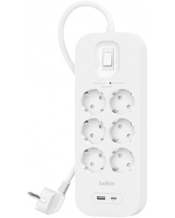 Разклонител Belkin - SRB002vf2M, 6 гнезда, USB-A, USB-C, бял