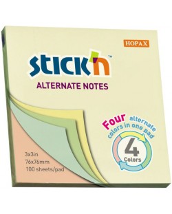 Самозалепващи листчета Stick'n - Alternate, 76 x 76 mm, 4 пастелни цвята, 100 листа