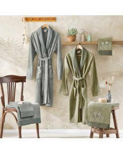 Семеен сет халати и кърпи TAC - Lordly Pamuk, 6 части, зелен/сив