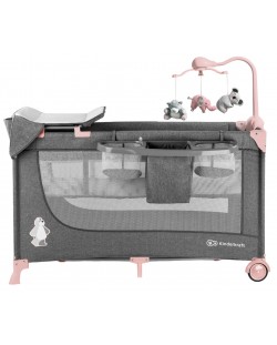 Сгъваема бебешка кошара KinderKraft - Joy Full, с аксесоари, сиво с розово