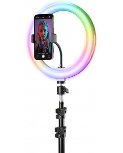 Статив Cellularline - Pro Multicolor, LED ринг, за телефон, черен