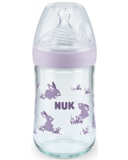 Стъклено шише Nuk - Nature Sense, със силиконов биберон М, 240 ml, лилаво