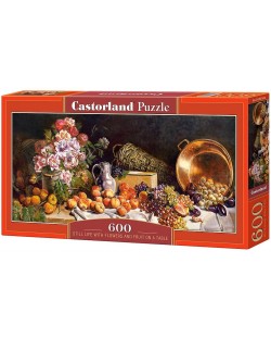 Панорамен пъзел Castorland от 600 части - Натюрморт с цветя и плодове на масата