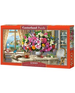 Панорамен пъзел Castorland от 4000 части - Летни цветя и чаша чай