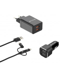Зарядни устройства Tellur - Travel Charge Kit 3 в 1, USB-A, 30W, черни