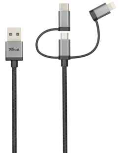 Кабел Trust - 3-in-1, microUSB/ USB-C/Lightning, 1m, черен