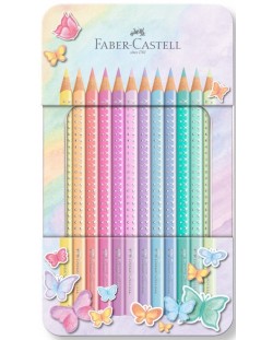 Цветни моливи Faber-Castell Sparkle - 12 пастелни цвята, метална кутия