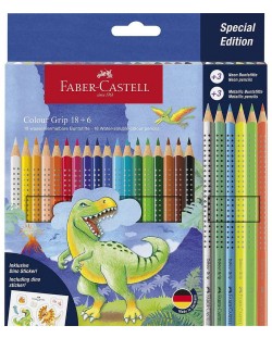 Цветни моливи Faber-Castell Grip 2001 - Динозавър, 18 + 6 цвята