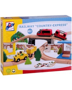 Дървен комплект Woody – Влак с релси и аксесоари, Експрес, 80 части