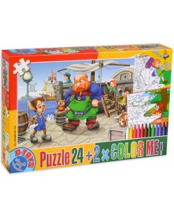 Пъзел D-Toys от 24 части с 2 картини за оцветяване и пастели Пинокио