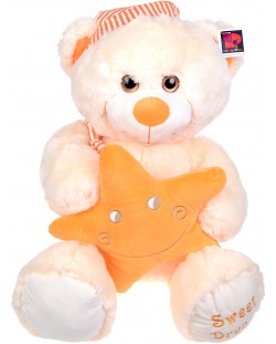 Плюшена играчка Morgenroth Plusch – Мечок с бляскави очи, шапчица и оранжева звезда, 82 cm