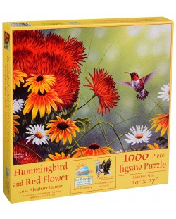 Пъзел SunsOut от 1000 части - Колибри и червени цветя, Ейбрахам Хънтър