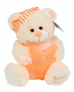 Плюшена играчка Morgenroth Plusch - Мечок с бляскави очи, шапчица и оранжева звезда, 46 cm