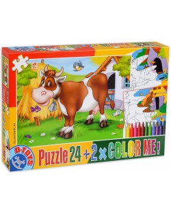 Пъзел D-Toys от 24 части с 2 картини за оцветяване и пастели - Крава