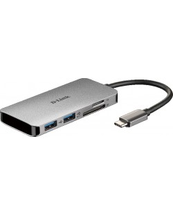 USB хъб D-Link - DUB-M610, 6-в-1, USB-C, сив