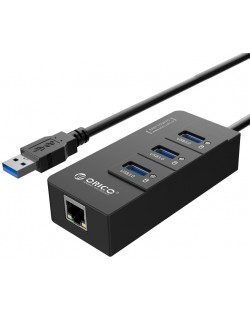 USB хъб Orico - HR01-U3-V1-BK-BP, 4 порта, USB-А/LAN, черен