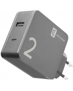 Зарядно устройство Cellularline - Duo, USB-A/C, 42W, черно