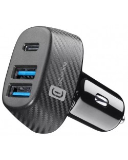 Зарядно за кола Cellularline - Car Multipower Trio, USB-A/C, 44W, черно