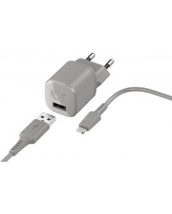 Зарядно устройство Fresh N Rebel - Mini, USB-A, кабел Lightning, светлосиво