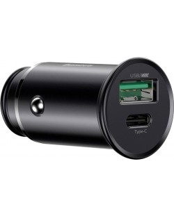 Зарядно за кола Baseus - Circular Metal PPS QC, USB-A/C, 30W, черно
