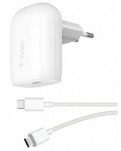 Зарядно устройство Belkin - BoostCharger, USB-C, кабел USB-C, 30W, бяло