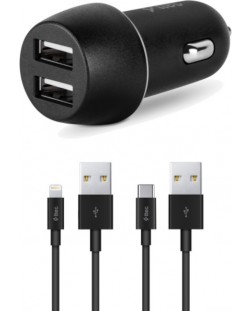 Зарядно за кола ttec - SmartCharger Duo, кабели USB-C и Lightning, черно