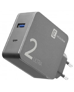 Зарядно устройство Cellularline - Ultra Duo, USB-A/C, 45W, сиво