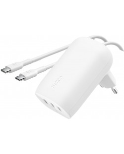 Зарядно устройство Belkin - 3-port, USB-C, 67W, кабел USB-C, бял