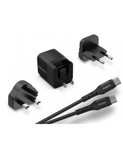 Зарядно устройство Energizer - Multi, USB-C, EU/UK/US, 20W, черно