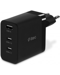 Зарядно устройство ttec - SmartCharger Trio, GaN, USB-A/C, 65W, черно