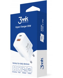 Зарядно устройство 3mk - Hyper Charger, USB-A/C, 20W, бяло