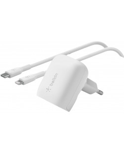 Зарядно устройство Belkin - Boost Charge, USB-C, кабел Lightning, бяло