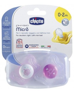 Комплект биберони-залъгалки Chicco - Physio Micro, 2 броя, 0-2 месеца, за момиче
