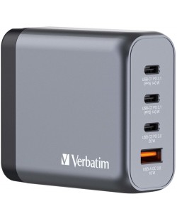 Зарядно устройство Verbatim - GNC-140 GaN 4 Port, USB-A/C, 140W, сиво