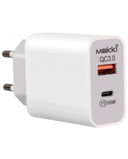 Зарядно устройство Makki - PQ18W-WH FC, USB-A/C, 18W, бяло