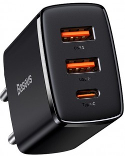 Зарядно устройство Baseus - Compact, USB-A/C, 30W, черно