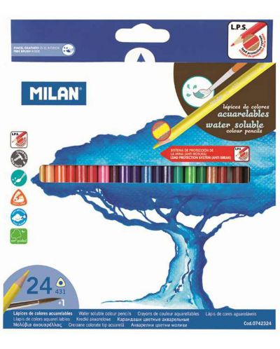Комплект 24 цветни акварелни молива Milan – Триъгълни, с четка, писец Ø 2.9 mm - 1
