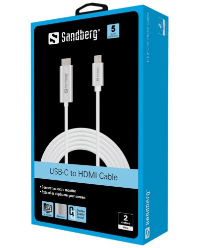 Кабел Sandberg  - USB-C/HDMI, 2 m, бял - 2
