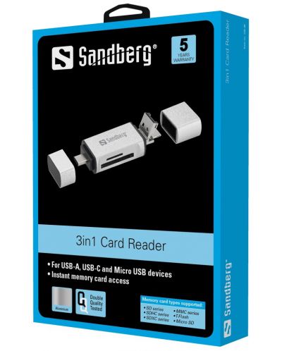 Четец за карти Sandberg -USB-C/USB/MicroUSB, сив - 2