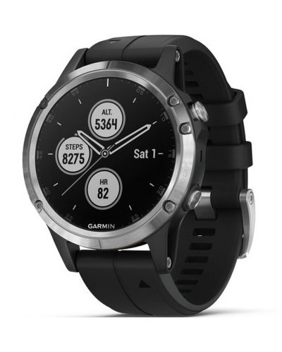 GPS часовник Garmin - Fēnix 5 Plus, сив, черна силиконова каишка - 1