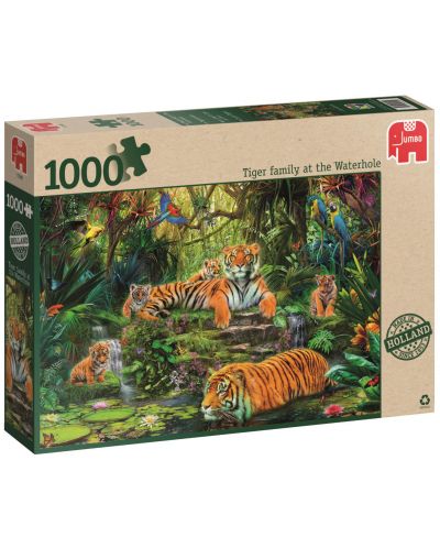 Пъзел Jumbo от 1000 части - Семейство тигри под водопада - 1
