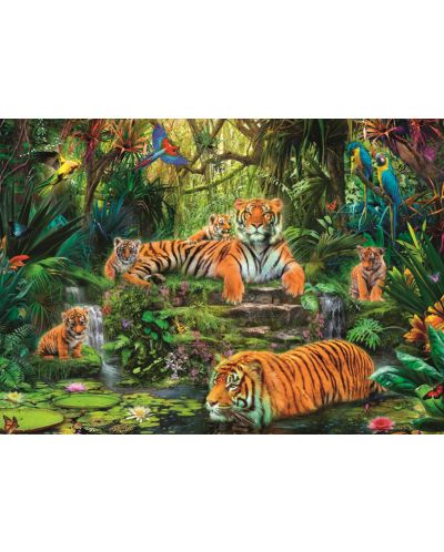 Пъзел Jumbo от 1000 части - Семейство тигри под водопада - 2