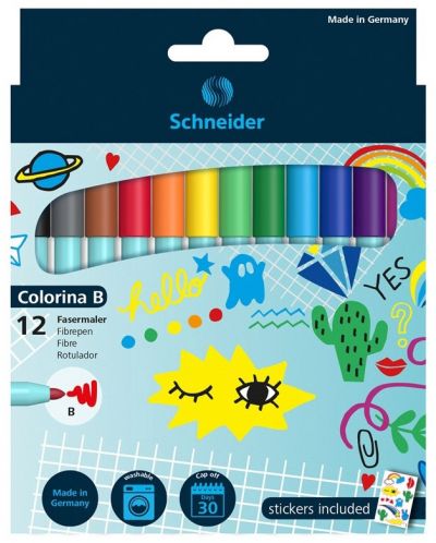 Комплект цветни флумастери Schneider Colorina Broad - 12 броя + 10 стикера - 1