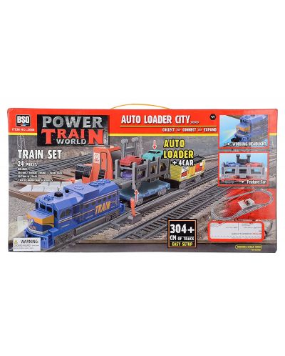 Игрален комплект BSQ Power Train World - Влак с вагон автовоз, 304 cm x12