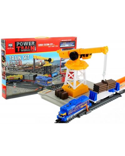 Игрален  комплект Power Train World - Товарен влак и кран, 670 cm - 1