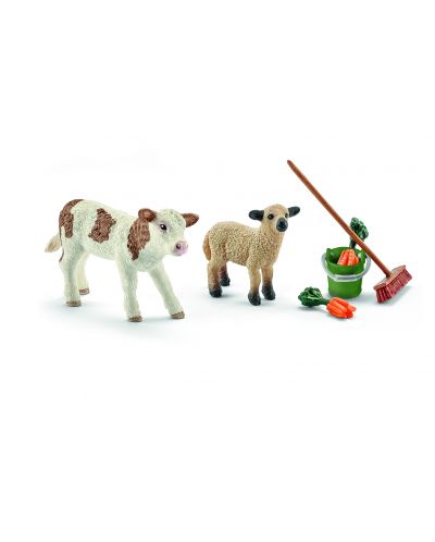 Фигурка Schleich от серията Аксесоари към Животни във фермата: Комплект - теле с агънце и аксесоари - 1