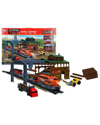 Игрален комплект BSQ Power Train World - Товарен влак с дъскорезница, 450 cm