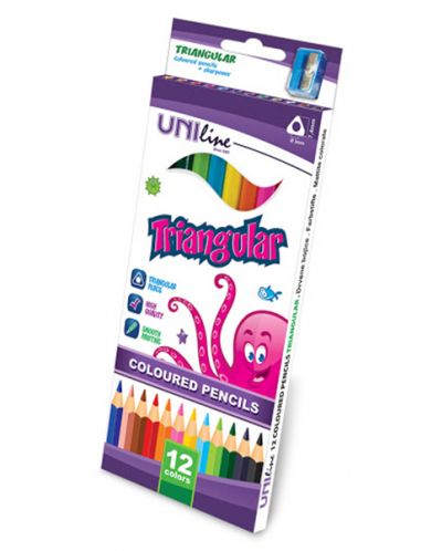 Цветни триъгълни моливи Uniline - 12 цвята, с острилка - 1