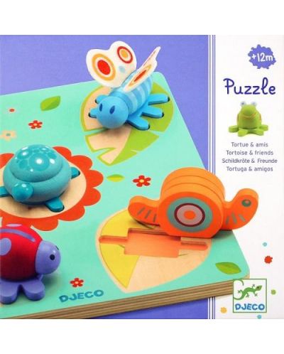 Дървен пъзел Djeco - Turtle And Friends, с 3D фигурки