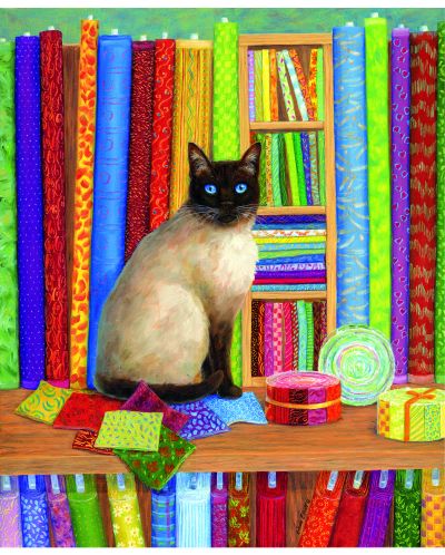 Пъзел SunsOut от 1000 части - Магазин за завивки с котка, Линда Елиът - 1